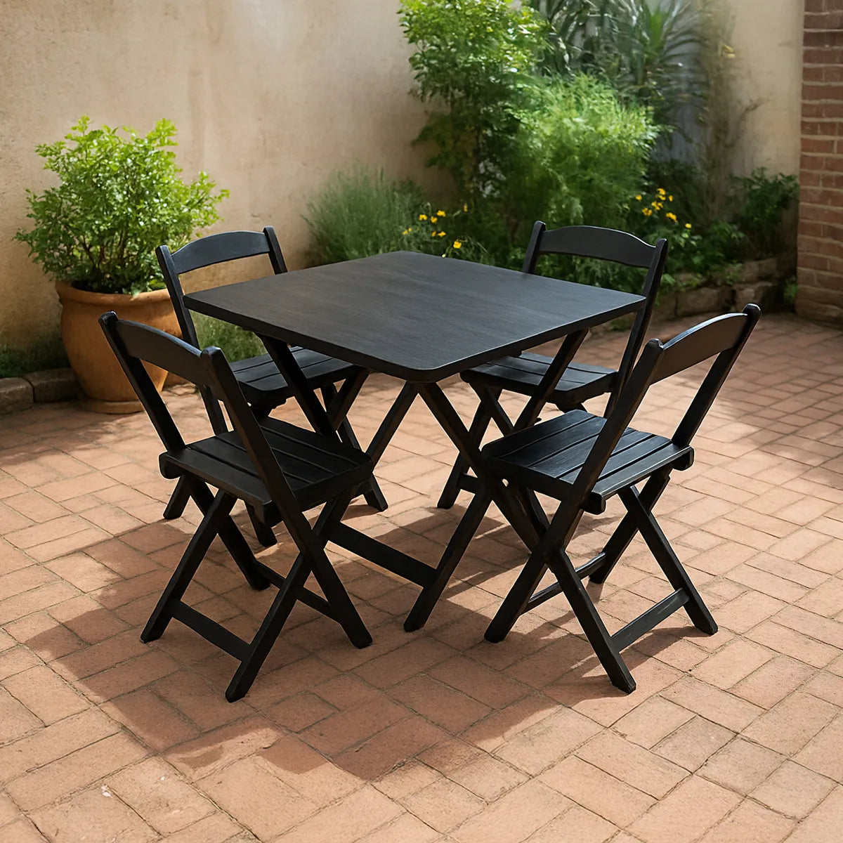 [PRÉ-BLACK FRIDAY] - Kit de Mesa Dobrável 70X70cm, 4 Cadeiras dobrável, PRETA - Madeira maciça - Casa da Mesa