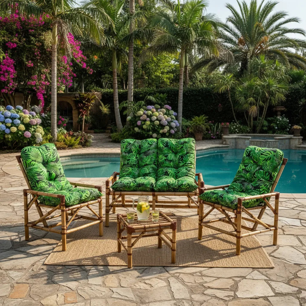 [PRÉ-BLACK FRIDAY] - KIT 1 Namoradeira, 2 Cadeiras Completo Folhas VERDE+ Brinde 1 Mesa Centro, 4 Almofadas P/ Jardim - CASA DA MESA