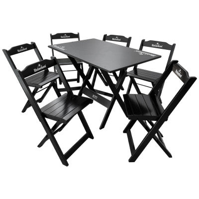[PRÉ-BLACK FRIDAY] - Kit de Mesa Dobrável 110x70cm, 6 Cadeiras dobrável, Heineken PRETA- Madeira maciça - Casa da Mesa